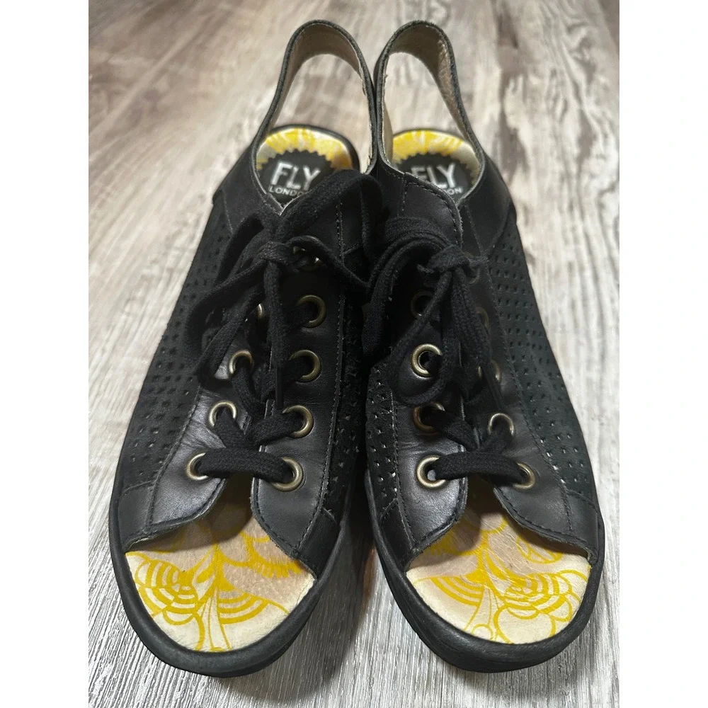 Fly London Yala Black Leather Perforated Lace Up Wedge Sandals Peep Toe EU39/US8